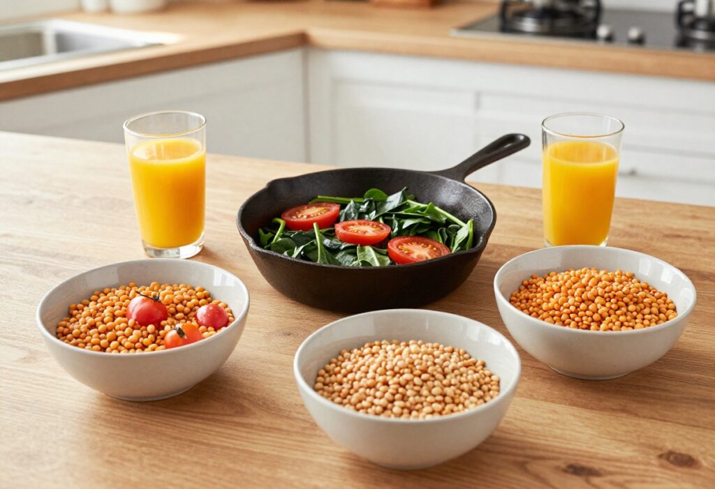 Cast iron skillet with spinach and tomatoes, lentils, and orange juice on a wooden counter
