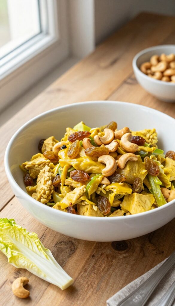 Curry chicken salad with golden raisins and cashews in a white bowl on a wooden table