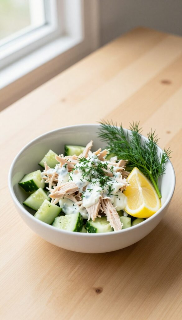 Greek yogurt chicken salad in a white bowl with cucumber and dill on a wooden table