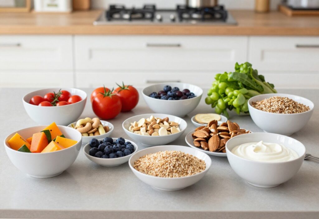 Assorted grocery staples for a mental diet on a wooden counter