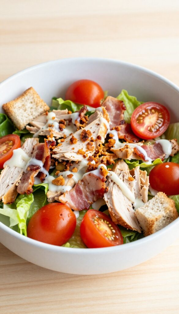 Chopped BLT chicken salad bowl with diced chicken, bacon, lettuce, cherry tomatoes, and croutons, tossed with ranch dressing.