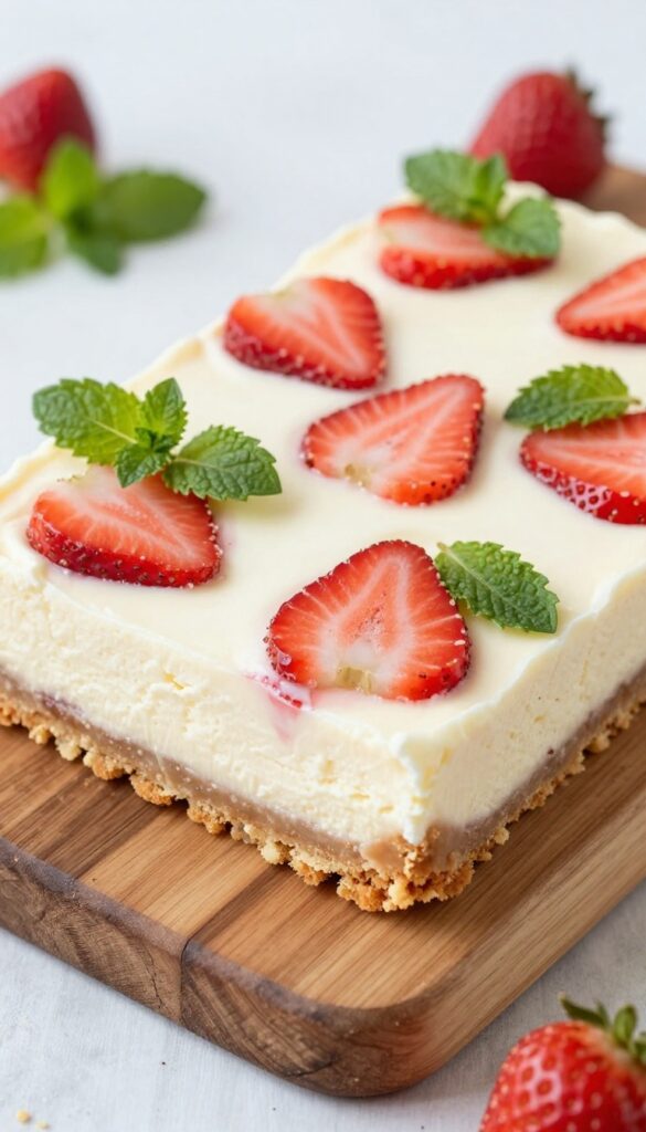 Strawberry swirl cheesecake bar on a wooden board with fresh strawberries and mint