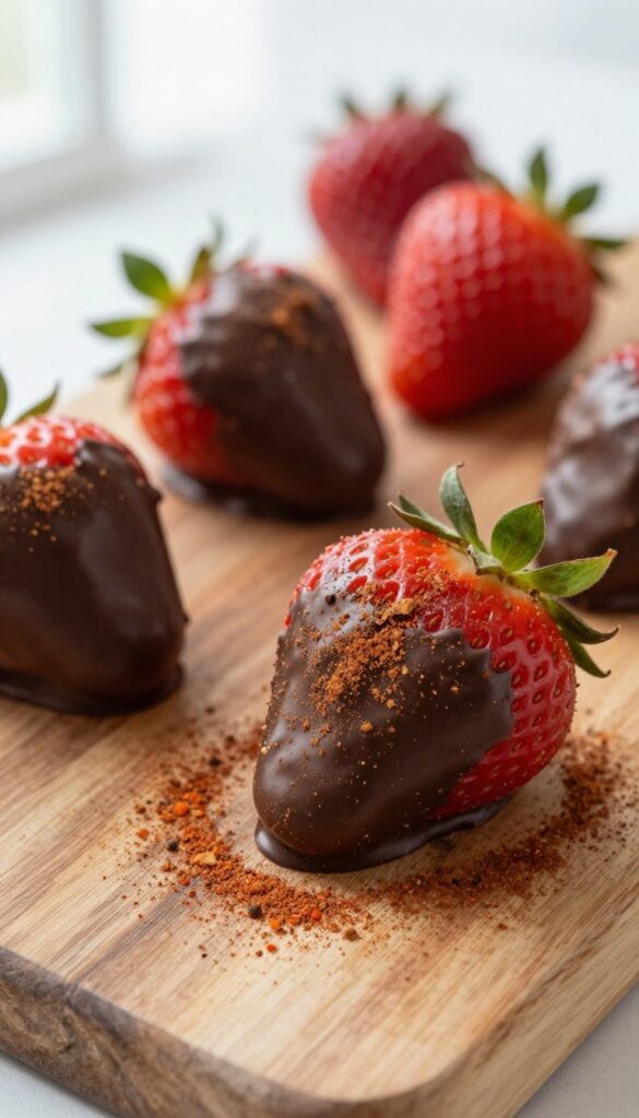 Dark chocolate covered strawberry with cayenne and cinnamon dusting on a wooden board