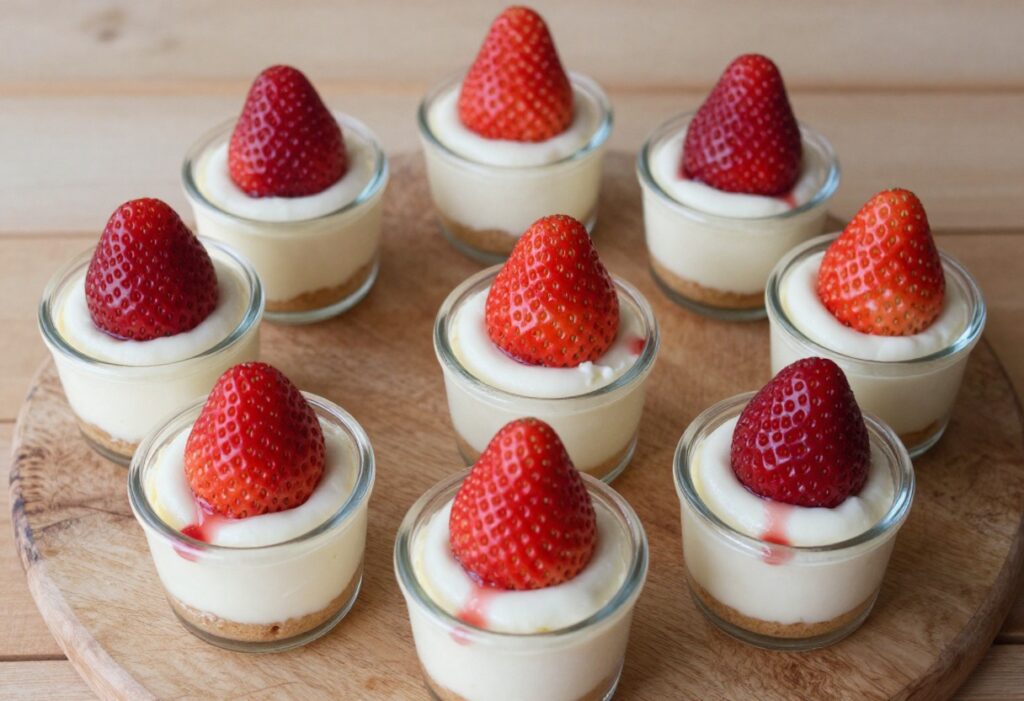 Seven mini strawberry cheesecakes in glass jars on a wooden board, topped with fresh strawberries.