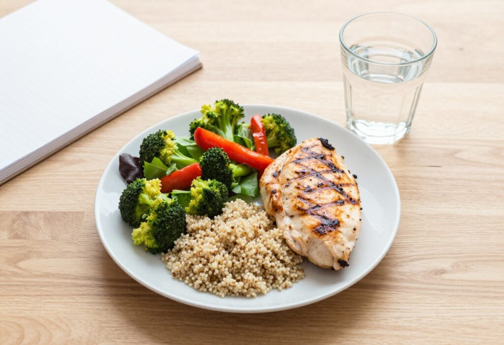 Balanced meal with grilled chicken, quinoa, and vegetables for an endomorph diet