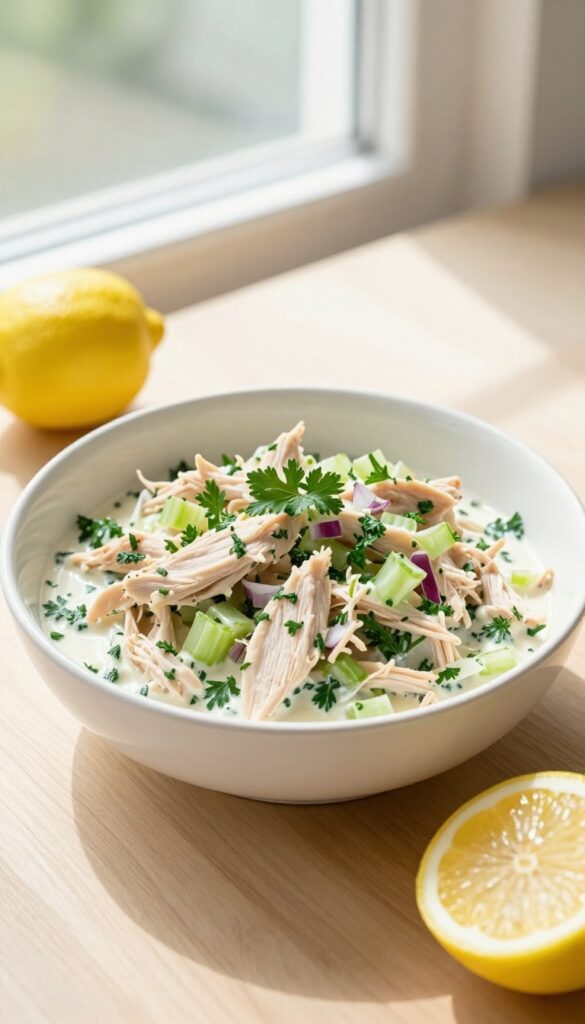 Bowl of lemon-herb chicken salad on a wooden table with a halved lemon nearby.