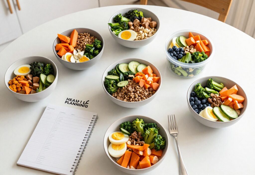 High-calorie nutrient-dense foods arranged on a wooden table for a weight gain meal plan.