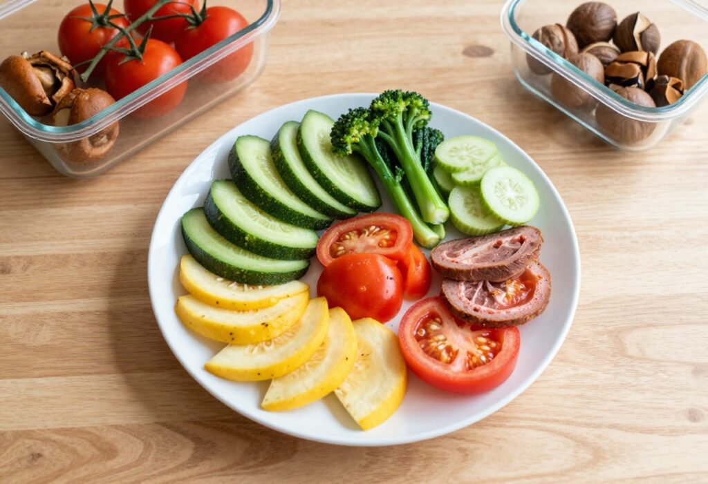 Balanced meal plate with vegetables, chicken, quinoa, and avocado for fat loss diet