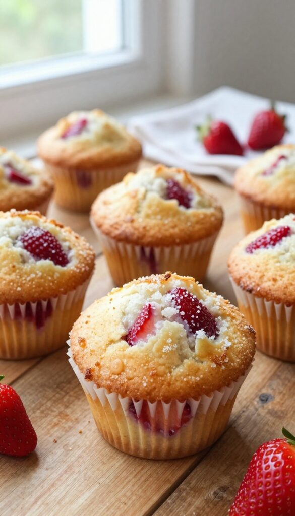 Classic buttermilk strawberry muffins with golden tops and strawberry chunks on a wooden table.