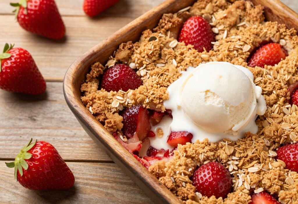 Golden-brown strawberry crisp in a baking dish with a scoop of melting vanilla ice cream, surrounded by fresh strawberries on a wooden table.