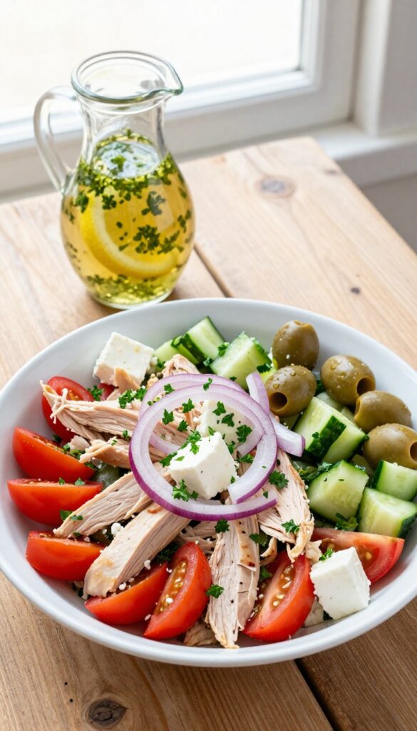 Greek chicken salad with feta, olives, cucumber, and cherry tomatoes in a bowl, with lemon dressing on the side.