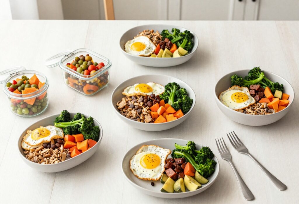 Healthy meal on a wooden table with a clock indicating noon, representing the start of an intermittent fasting eating window.