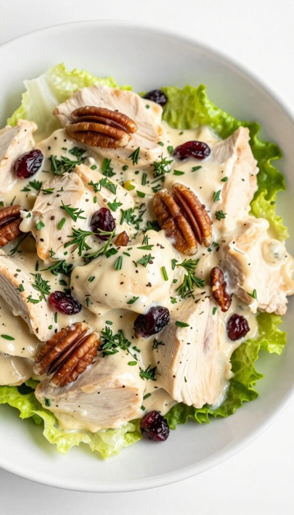 Creamy herby cranberry chicken salad with tarragon and pecans in a white bowl, garnished with lettuce and tarragon sprigs.