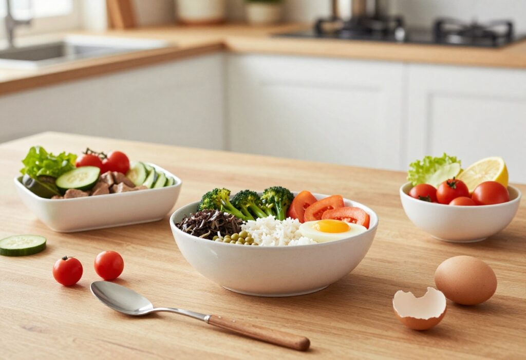 Overhead view of a low protein meal with vegetable stir-fry, rice, and apple slices on a wooden table.