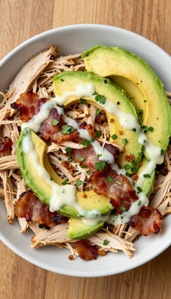 Classic bacon avocado chicken salad in a bowl with fresh ingredients.