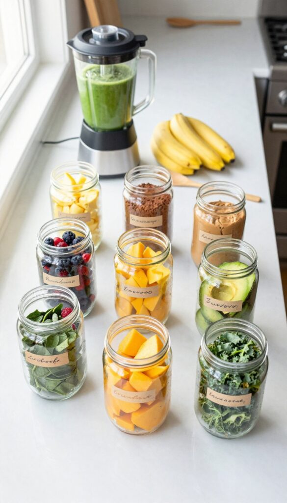 Pre-portioned smoothie ingredients in glass jars on a marble counter with a blender, representing Week 1 of a smoothie diet plan.