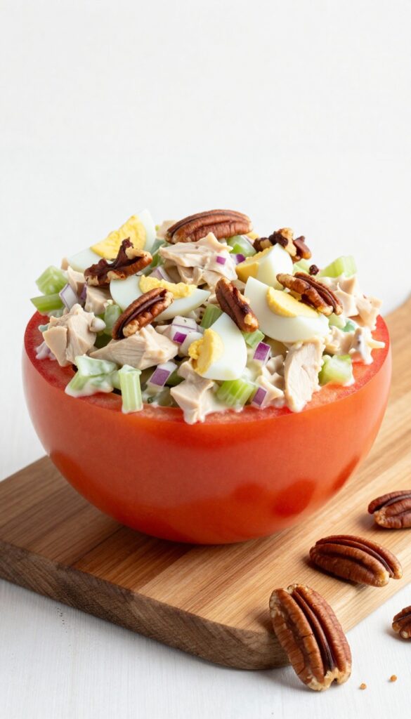 Classic Southern chicken salad with toasted pecans served in a tomato cup