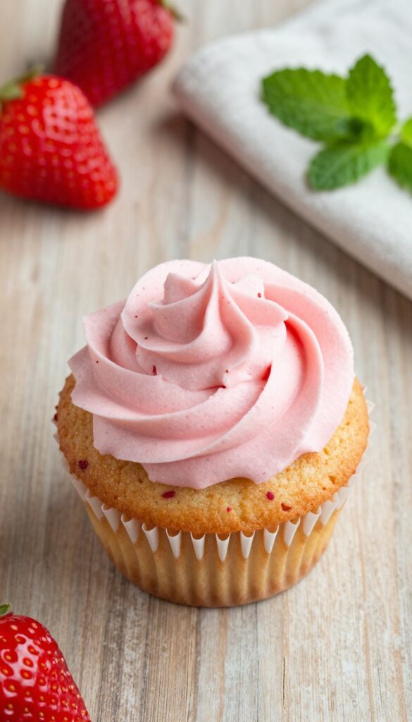 Vanilla cupcake with strawberry buttercream frosting and fresh strawberries on a wooden table.