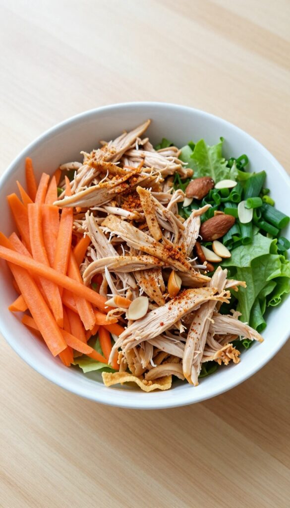 Bowl of five-spice chicken salad with pickled vegetables, almonds, and wonton strips on a wooden table.