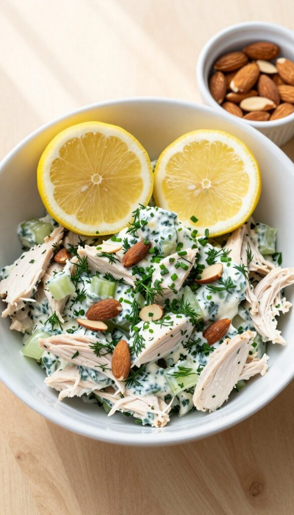 Greek yogurt herb chicken salad with lemon and dill in a white bowl on a wooden table