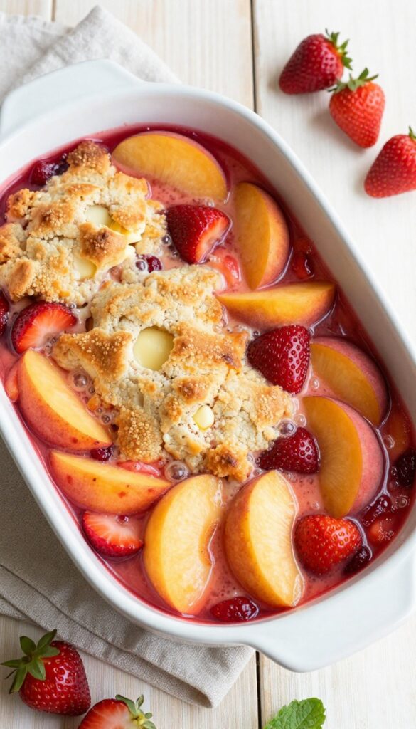 Strawberry peach cobbler in a baking dish with golden biscuit topping and bubbling fruit juices.