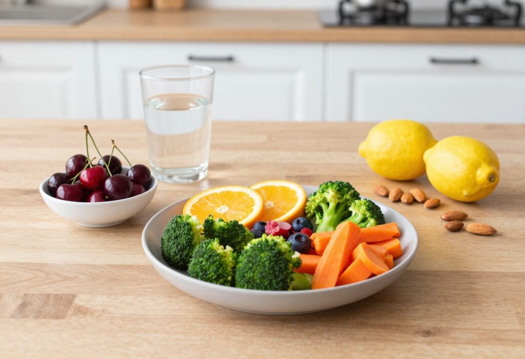 A colorful assortment of uric acid-friendly foods including cherries, berries, citrus, almonds, and vegetables on a wooden table.