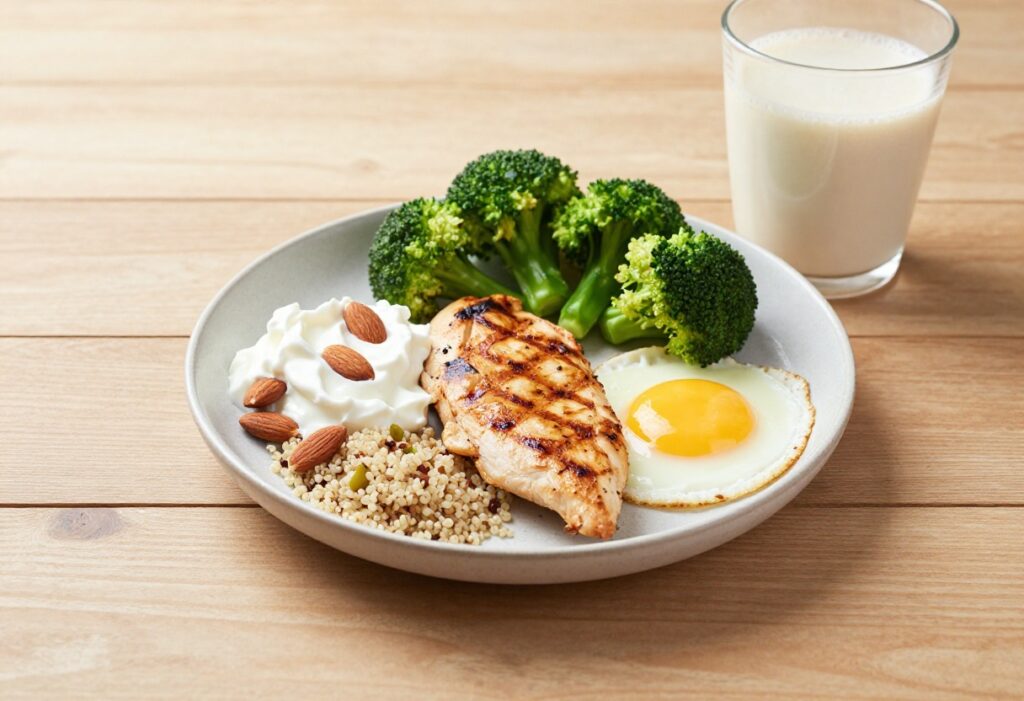 High-protein foods arranged on a wooden table for muscle gain meal plan