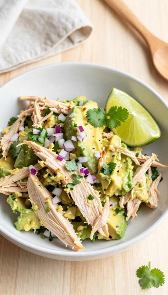 Creamy avocado chicken salad in a white bowl with lime and cilantro on a wooden table.