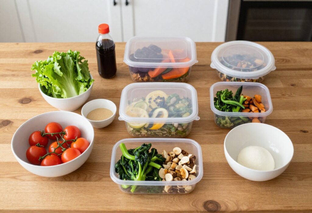 High-protein foods arranged on a wooden table including chicken, yogurt, eggs, tofu, and a protein shake.