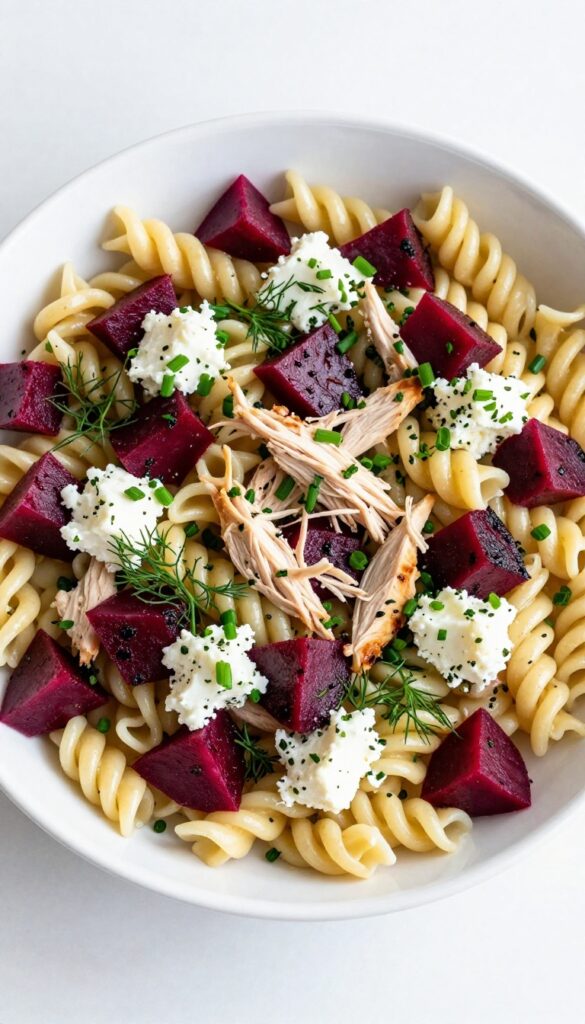 Herbed goat cheese chicken pasta salad with roasted beets in a white bowl