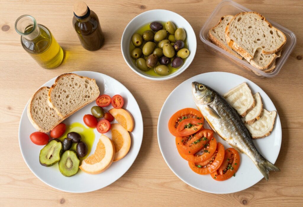 Mediterranean diet food spread with olive oil, fish, vegetables, and whole grains.