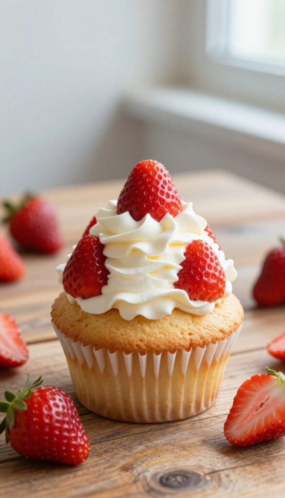 Strawberry shortcake cupcake topped with whipped cream and a fresh strawberry half, on a wooden table with scattered strawberries.