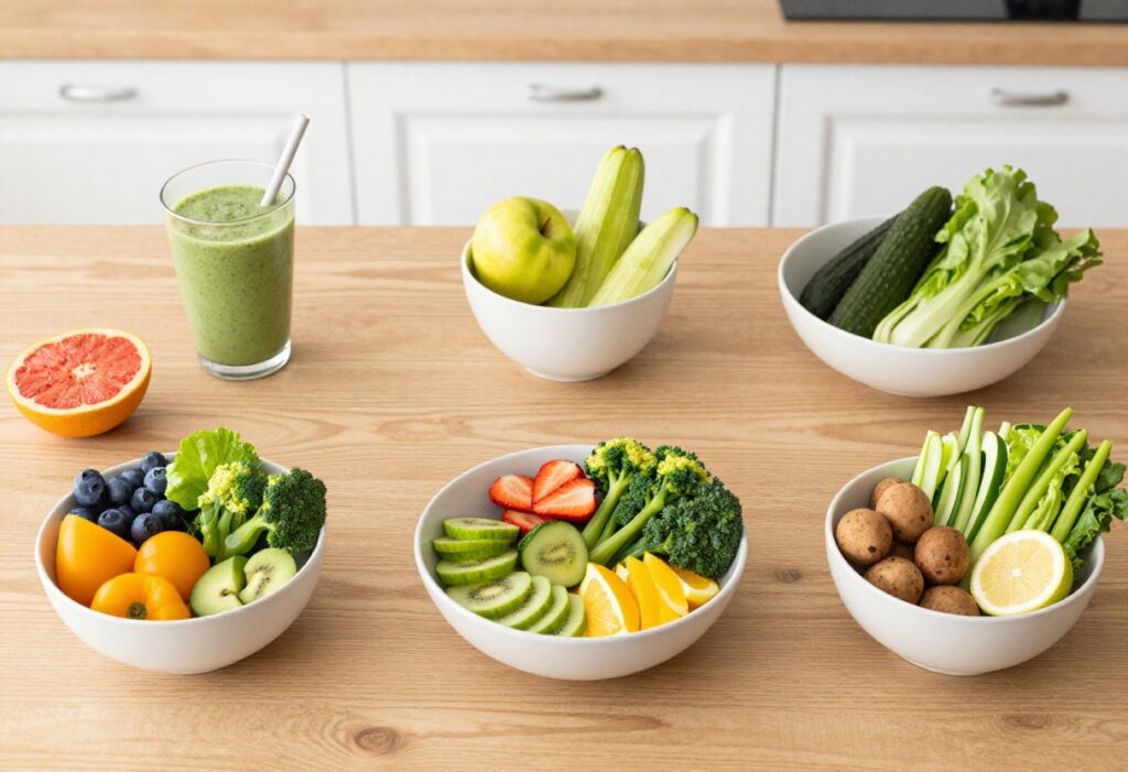 A table setting with a green smoothie, fresh produce, and a notebook labeled 7 Day Detox