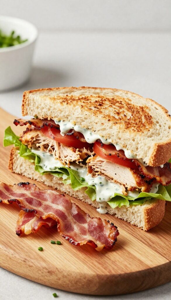 Classic bacon ranch chicken salad sandwich on a wooden board, sliced in half, with bacon and chives.