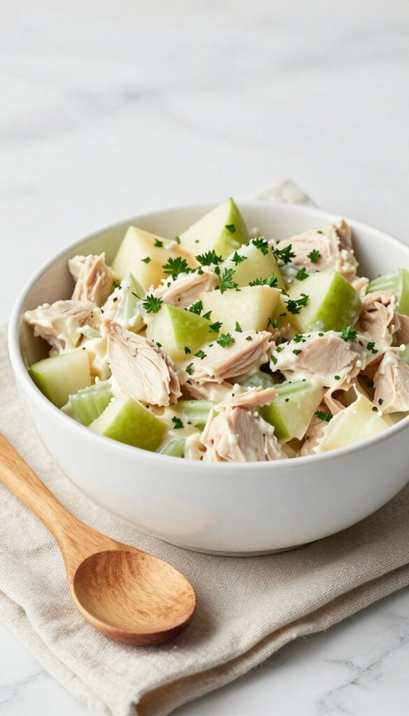 Bowl of apple celery chicken salad on marble table with wooden spoon