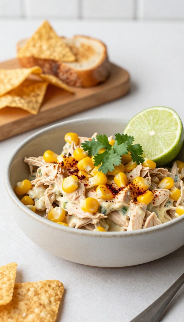 Smoked paprika and corn chicken salad in a bowl with tortilla chips and bread
