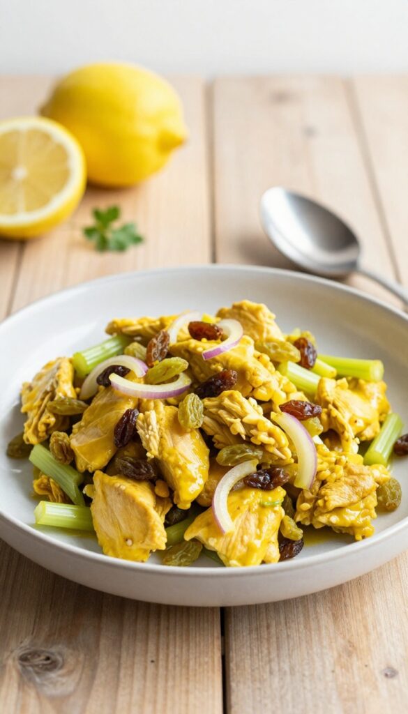 Curry chicken salad with raisins in a bowl, golden yellow color, topped with raisins and celery, on a wooden table with natural light.
