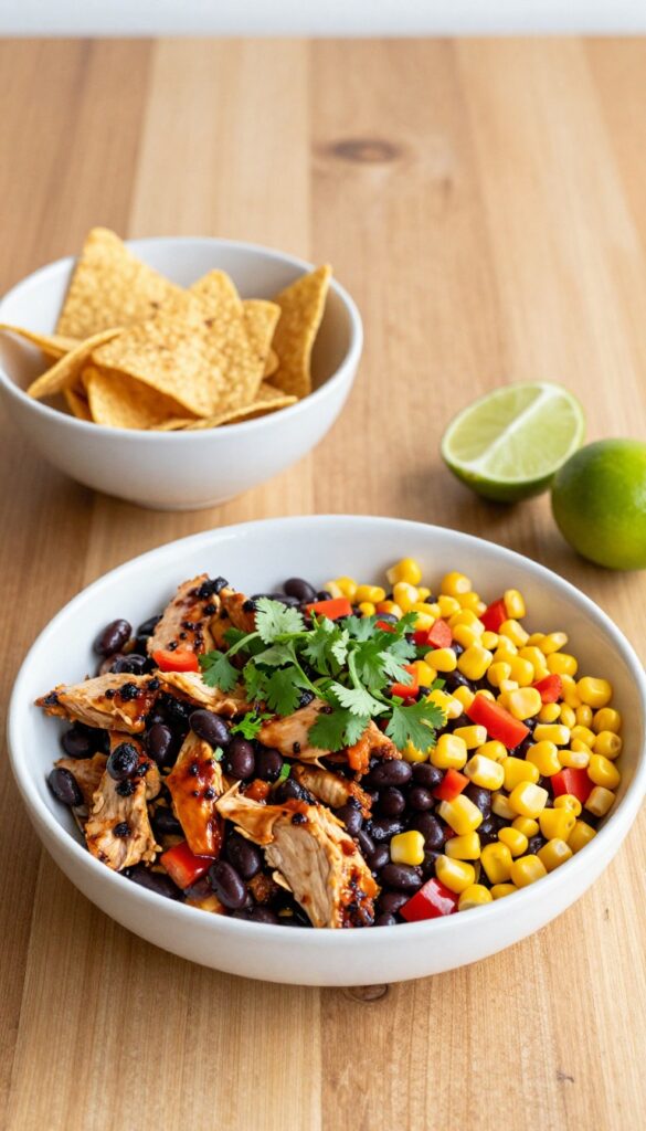 Smoky chipotle chicken salad with corn and black beans in a white bowl, tortilla chips and lime on a wooden table.