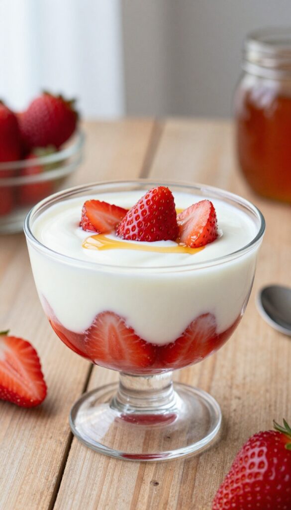 Layered strawberry yogurt mousse in a glass cup with fresh strawberries and honey drizzle on a wooden table.