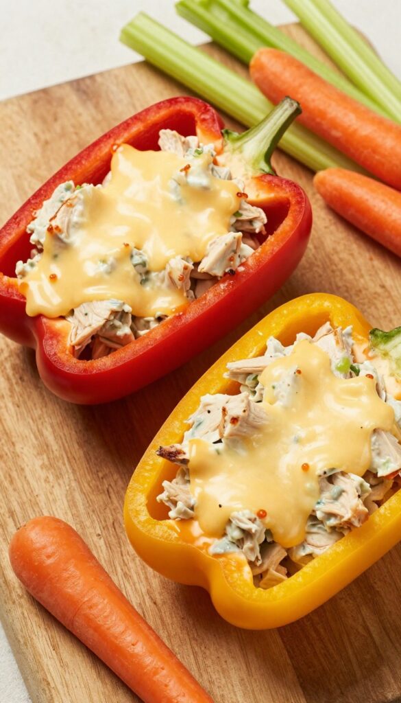 Baked bell pepper halves filled with buffalo chicken salad and melted cheddar cheese on a wooden board.
