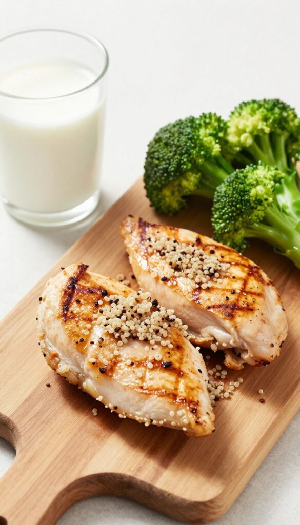 High-protein meal with grilled chicken, quinoa, broccoli, and milk on a wooden board