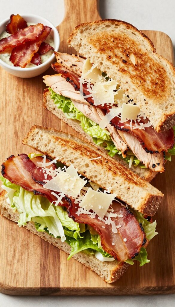 Grilled chicken Caesar club sandwich on sourdough with bacon and romaine.