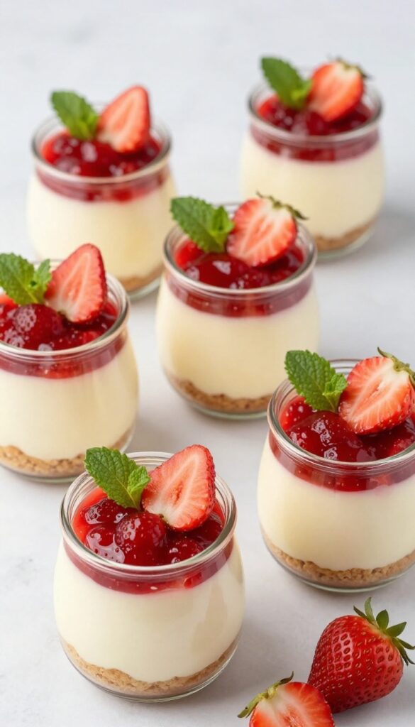 Mini no-bake strawberry cheesecake in jars with graham cracker crust, creamy filling, and strawberry compote.