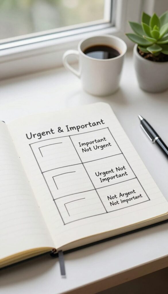 Eisenhower Matrix on a notebook with coffee and plant on a desk