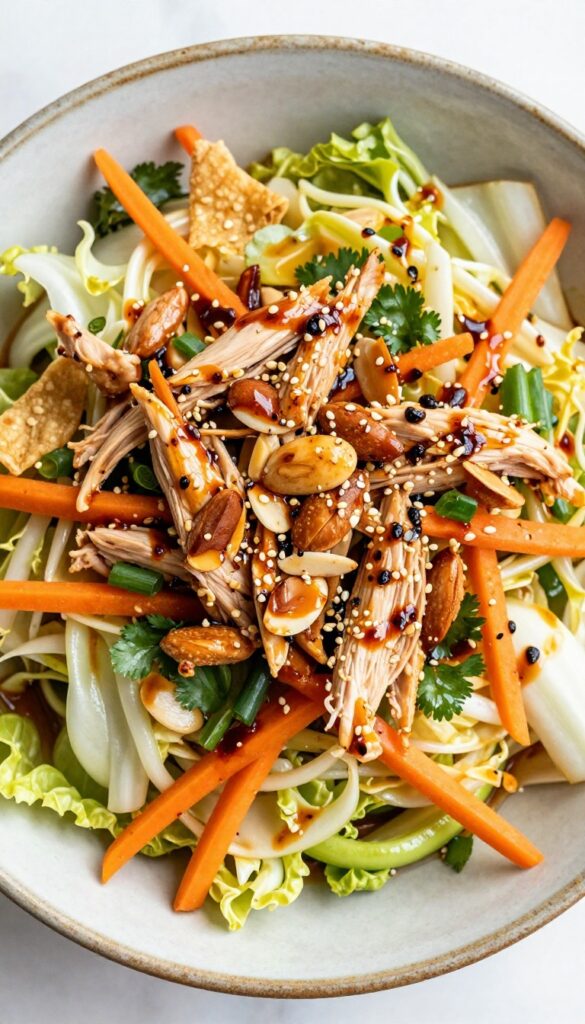 Spicy Szechuan chicken salad with chili crisp, shredded chicken, napa cabbage, carrots, scallions, cilantro, almonds, and wonton strips in a bowl.
