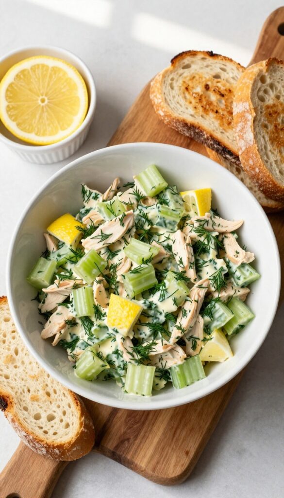 Classic Lemon-Dill Chicken Salad with Celery Crunch in a white bowl on a wooden board with toasted sourdough and lemon wedges.