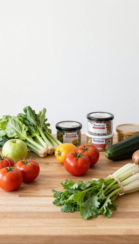 Vegetarian meal plan shopping list with fresh produce, pantry items, and refrigerated goods.