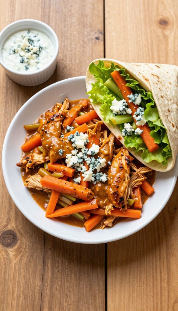 Buffalo chicken salad with blue cheese in a bowl and a wrap on a wooden table