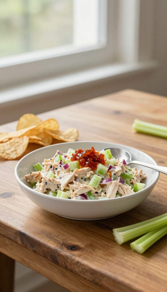 Creamy chicken salad with relish and celery seeds in a bowl, with potato chips and celery stalks on a wooden table.