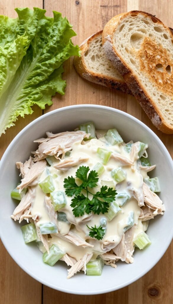 Creamy chicken salad in a white bowl on a wooden table with toast and lettuce.